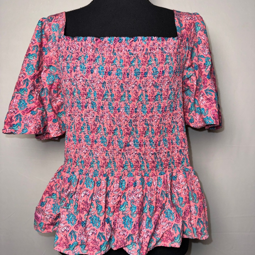 Simply Southern Smocked Seahorse Print Peplum Top Pink Blue XL S/S Beachy Girly